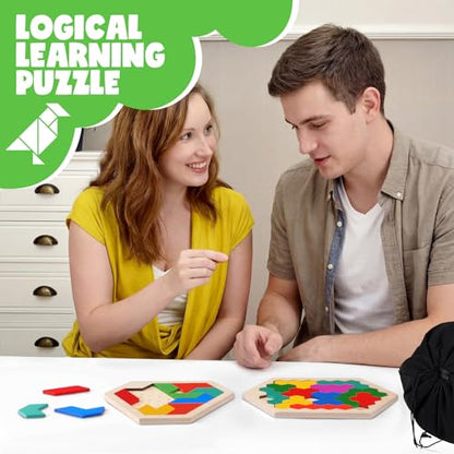 3 Pack Large Wooden Blocks Puzzles Hexagon Tangram Puzzle Wooden Russian Brain Puzzles for Adult Challenge Teasers Geometric Jigsaw Logic Iq STEM Educational Gift Graduation (3 Count)