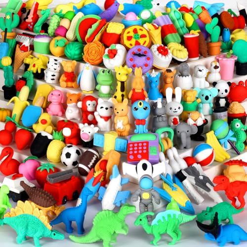 130Pcs Animal Erasers Kids Desk Pets Pencil Erasers 3D Puzzle Bulk Mini Animal Food Eraser Toys Fun Cute Eraser for Classroom Rewards (130 Count)