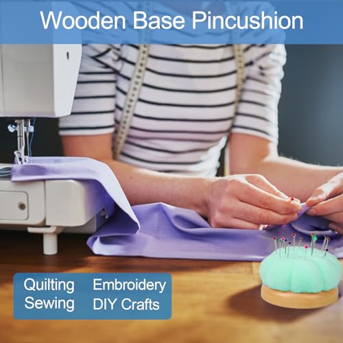 Wooden Base Pin Cushion for Sewing with 100 Plastic Head Pins