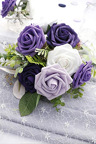 Artificial Flowers 25pcs Real Looking Violet Purple Foam Fake Roses with Stems for DIY Wedding Bouquets Bridal Shower Centerpieces Floral Arrangements Party Tables Home Decorations (25 Count)