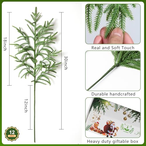 12 Pcs 30 Inch Artificial Norfolk Pine Stems Faux Christmas Greenery Pine Branches Realistic Fake Evergreen Cedar Pine Picks Winter Greens for Vase DIY Garland Wreath Holiday Home Decor (12 Count)