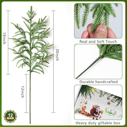12 Pcs 30 Inch Artificial Norfolk Pine Stems Faux Christmas Greenery Pine Branches Realistic Fake Evergreen Cedar Pine Picks Winter Greens for Vase DIY Garland Wreath Holiday Home Decor (12 Count)