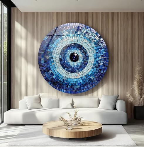 39,4''(100cm) Diameter Blue Mosaic Evil Eye Round Glass Wall Art Tempered Glass Printing Wall Decor Large Wall Art Wall Hangings
