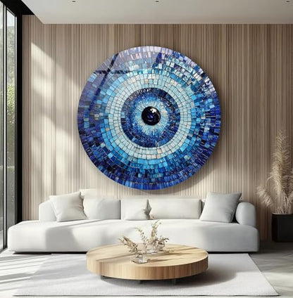 10''(25cm) Diameter Blue Mosaic Evil Eye Round Glass Wall Art Tempered Glass Printing Wall Decor Large Wall Art Wall Hangings