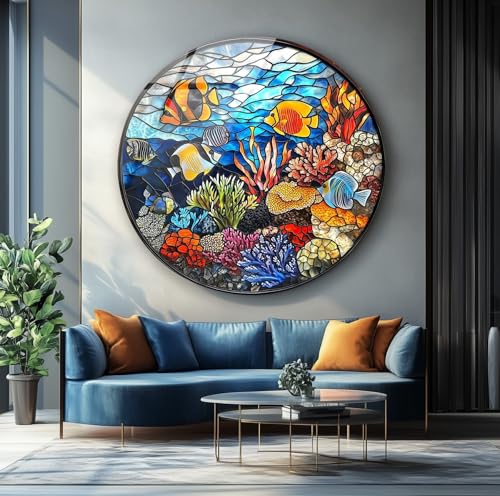 10''(25cm) Diameter Coral Reef Mosaic Round Glass Wall Art Tempered Glass Printing Wall Decor Large Wall Art Wall Hangings