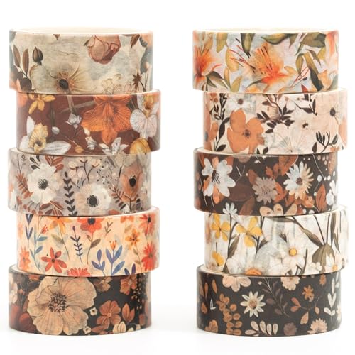 10 Rolls Blooming Flowers Washi Tape Set Floral Arts Adhesive Tapes Colorful Garden Decorative Masking Tape Sets for Craft (10 Count)