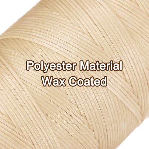 150D 0.8mm Flat Waxed Thread 284 Yards Polyester Leather Sewing Waxed String Hand Stitching Waxed Cord for Leather Stitching Sewing Bookbinding DIY Craft Beige