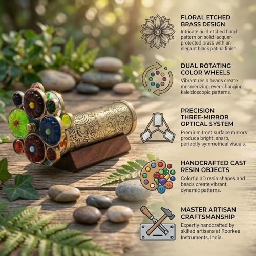 Handcrafted Etched Floral Pattern Lacquered Brass Kaleidoscope Includes Two Separate Turning Wheels