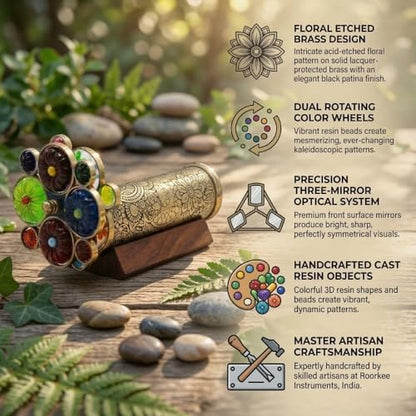 Handcrafted Etched Floral Pattern Lacquered Brass Kaleidoscope Includes Two Separate Turning Wheels