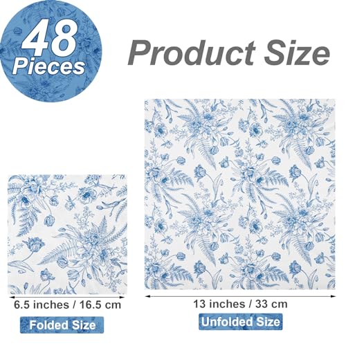 48 Pieces Floral Paper Napkins Disposable Blue Floral Napkins Blue and White Cocktail Dinner Napkin Set 13" x 13" Unfolded Decoupage Tableware Napkins for Garden Party Supplies (48 Count)