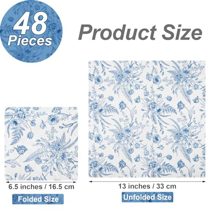 48 Pieces Floral Paper Napkins Disposable Blue Floral Napkins Blue and White Cocktail Dinner Napkin Set 13" x 13" Unfolded Decoupage Tableware Napkins for Garden Party Supplies (48 Count)