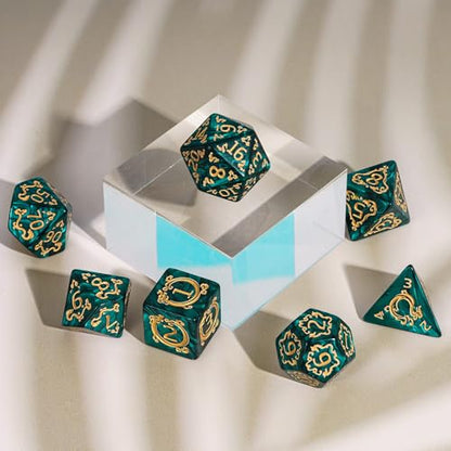 7 Die DND Dice Set Dragon Pattern Polyhedral Die with Leather Bag (7 Count)