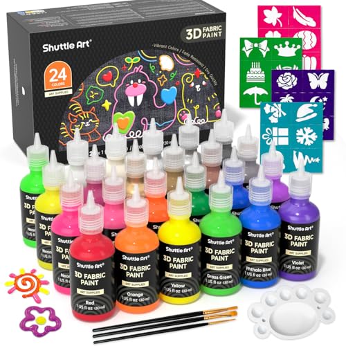 Fabric Paint 24 Colors 3D Permanent Paint with Brushes Palette Pen Fabric Sheet Stencils (24 Fl Oz)