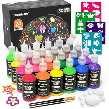 Fabric Paint 24 Colors 3D Permanent Paint with Brushes Palette Pen Fabric Sheet Stencils (24 Fl Oz)