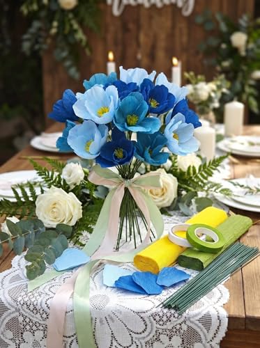 Blue Crepe Paper Poppy Flower DIY Making Kit 24 pcs Easy (24 Count)