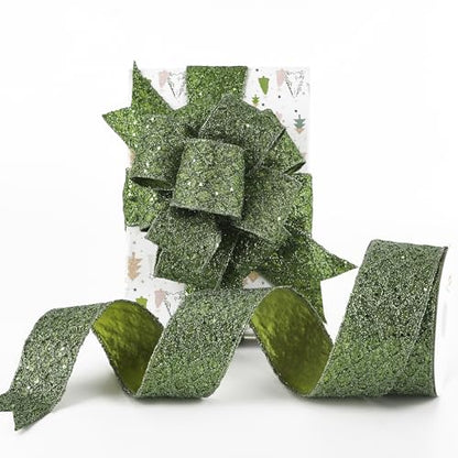 Moss Green Glitter Christmas Wired Ribbon 2.5 inch x 10 Yards (30 Foot)