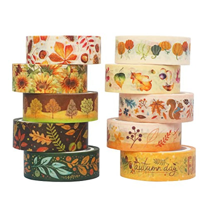 10 Rolls Four Seasons Washi Tape Set Yellow Leaves & Flowers Masking Decorative Tapes (10 Count)