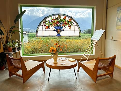 24 inch Flower Stained Glass Window Hanging Half Round Shade