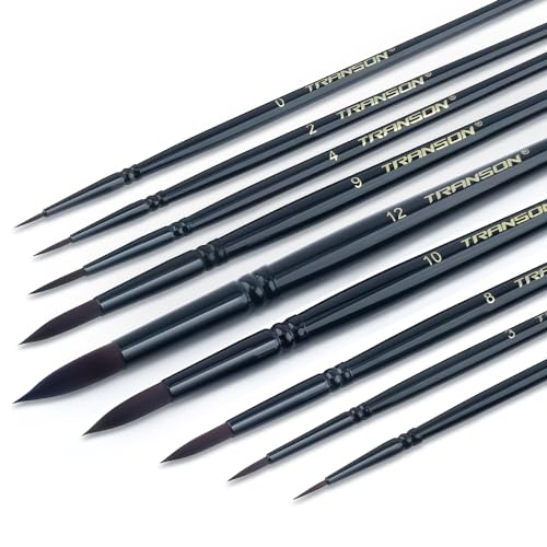 Round Paint Brush Set 9pcs Synthetic Sable Hair for Acrylic Painting Watercolor Painting Gouache Ink Craft and Detail Painting Black Color (9 Count)