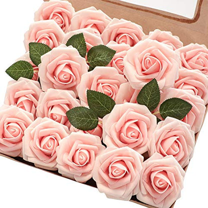 Artificial Flowers 25pcs Real Looking Blush Heirloom Foam Fake Roses with Stems for DIY Wedding Bouquets Pink Bridal Shower Centerpieces Floral Arrangements Party Tables Home Decorations (25 Count)