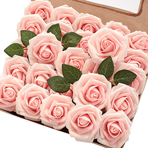Artificial Flowers 25pcs Real Looking Blush Heirloom Foam Fake Roses with Stems for DIY Wedding Bouquets Pink Bridal Shower Centerpieces Floral Arrangements Party Tables Home Decorations (25 Count)
