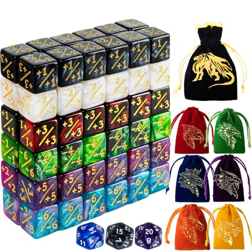 82 Pack Magic The Gathering Counter Dice Set 72 Pcs D6 MTG Dice Life Counters Tokens for Magic Card Game Accessories with 3 Pcs Rolling Dice 7 Pcs Drawstring Bags (56 Count)