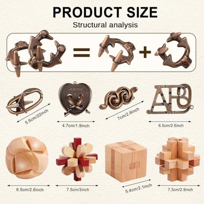 16 PCS Metal & Wooden Brain Teaser Puzzle Set (72 Count)