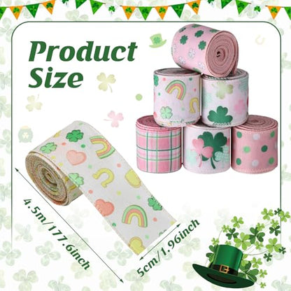 12 Rolls St Patrick's Day Wired Edge Ribbon Lucky Charm Pink Shamrock Print Clover Fabric Grosgrain Wrapping Ribbon for Bow Wreath Party Home Decor 12 Styles (12 Count)