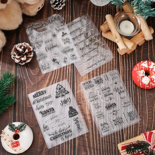 4 Sheet Christmas Words Clear Stamps Greeting Words Santa Xmas Tree Pattern Silicone Transparent Stamps Border Stamp Cards for DIY Craft Card Making Scrapbooking Embossing Album Decor (4 Count)