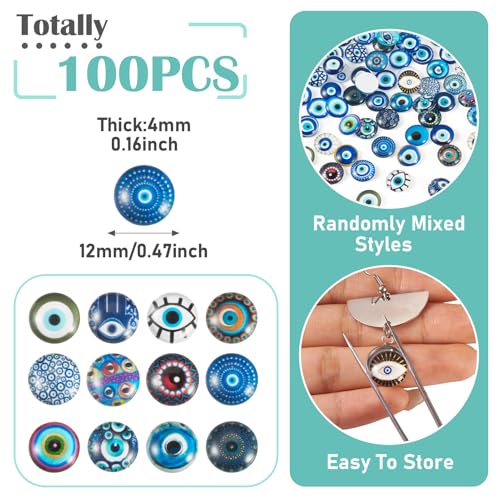 100Pcs 12mm Transparent Glass Cabochons Mixed Blue Evil Eye Printed Cameo Dome Tiles Flat Back Glass Covered Dome Tiles for DIY Bracelets Necklace Scrapbooking Art Crafts