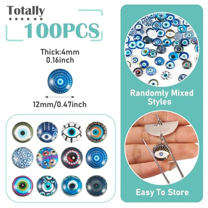 100Pcs 12mm Transparent Glass Cabochons Mixed Blue Evil Eye Printed Cameo Dome Tiles Flat Back Glass Covered Dome Tiles for DIY Bracelets Necklace Scrapbooking Art Crafts