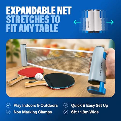 Portable Ping Pong Set with Retractable Ping Pong Net for Any Table