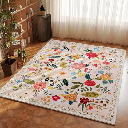 Area Rug 4x6 Rug Washable Boho Rugs Non Slip Low Pile Floral Small Carpet for Bedroom