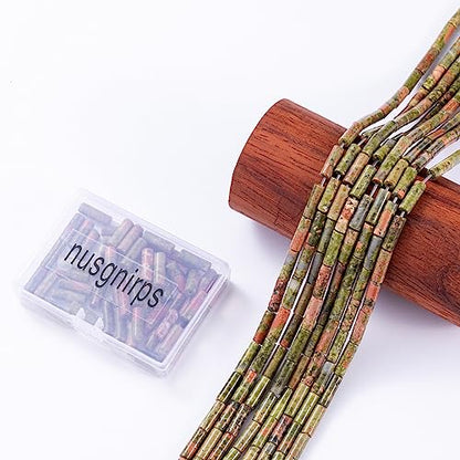 Natural Unakite Cylinder Tube Beads 4x13mm 38cm (28 Count)