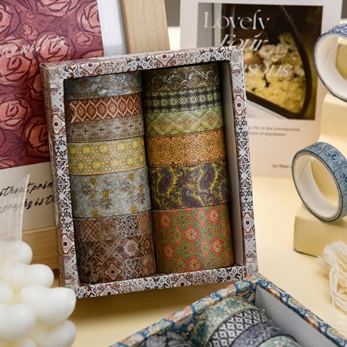 12 Rolls Exotic Charm Washi Tape Set Floral Arts Adhesive Tapes Geometric Garden Decorative Masking Tape Sets for Craft (12 Count)
