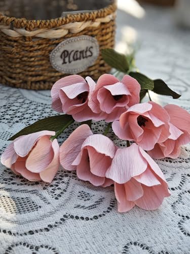 Pink Crepe Paper Tulip for Home Decor DIY Kit with Floral Tape & 12 Wire Stems DIY Craft Projects Crepe Paper Flower (217 Count)