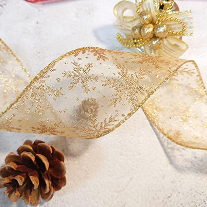 Organza with Gold Glitter Snowflakes Wired Ribbon 2.5 inch x 50 Yards for Christmas Home Decor Tree Topper Bow Gift Wrapping DIY Crafts Wreath Garland Wedding (150 Foot)