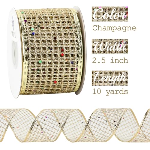 Champagne Gold Glitter Christmas Ribbon 2.5 Inch Square Mesh Net Wired Ribbons with Rainbow Sparkle Champagne Ribbon for Christmas Tree Decoration (30 Foot)