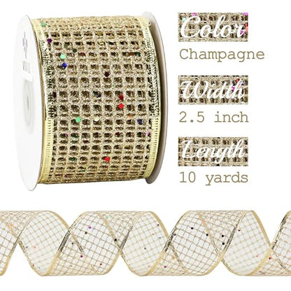 Champagne Gold Glitter Christmas Ribbon 2.5 Inch Square Mesh Net Wired Ribbons with Rainbow Sparkle Champagne Ribbon for Christmas Tree Decoration (30 Foot)