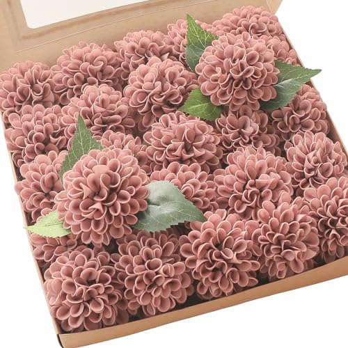 Artificial Dahlia Flowers 25pcs Real Looking Dusty Rose Foam Fake Roses with Stems for DIY Wedding Bouquets Bridal Shower Centerpieces Floral Arrangements Party Tables Home Decoration (25 Count)