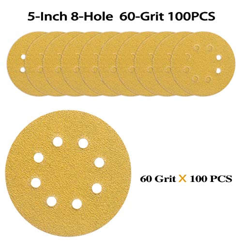 100PCS 5 Inch Sanding Discs 60 Grit Random Orbit Sander Sandpaper (100 Count)