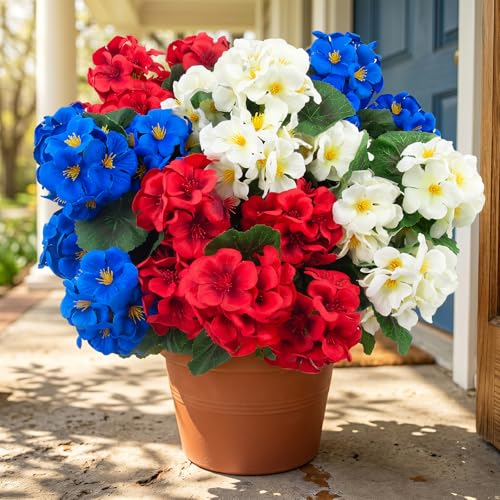 6 Pcs Artificial Geranium Flowers for Outdoors Geranium Silk Flowers Outdoor UV Resistant Plants Faux Patriotic Flowers for 4th of July Home Kitchen Table Centerpieces Decor
