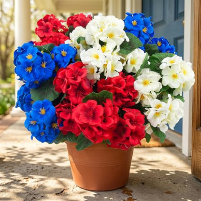 6 Pcs Artificial Geranium Flowers for Outdoors Geranium Silk Flowers Outdoor UV Resistant Plants Faux Patriotic Flowers for 4th of July Home Kitchen Table Centerpieces Decor