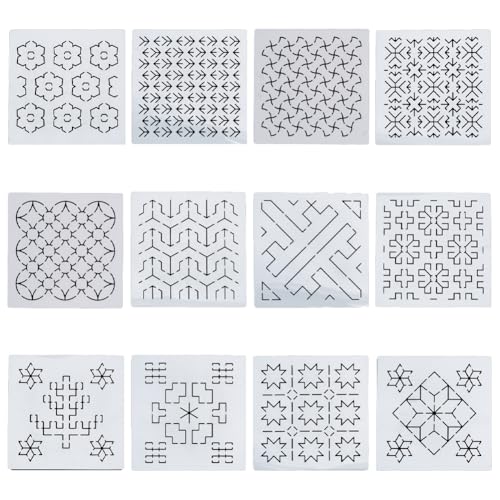 Sashiko Stencil PET Embroidery Stencils Geometric Hand Embroidery Patterns Stencils for Drawing Sashiko Template for Hand Quilting 14x14cm