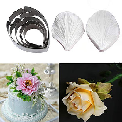 5pcs Stainless Steel Peony Cutter 2pcs Fondant Silicone Mold Gumpaste Peony Sugarcraft Flower Veining Mold Veiner Petal Making Tool