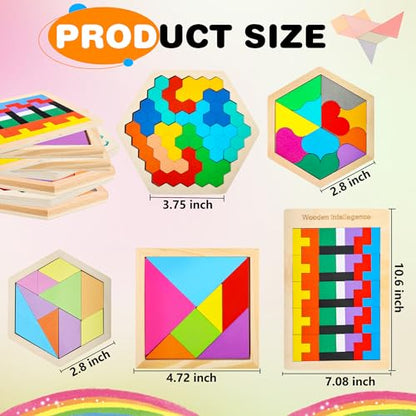 5 Pack Wooden Tangrams Puzzle Set Wooden Hexagon Puzzle Wood Russian Blocks Tangram Puzzle Brain Teaser Puzzles for Kids Adults 3D Logic Intelligence IQ Game Gift (5 Count)