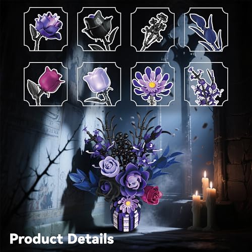 Flowers Bouquet Building Set Roses Purple Botanical Collection Gothic Gifts for Mothers Day for Women Adults Girls 14+ Home Office Decor