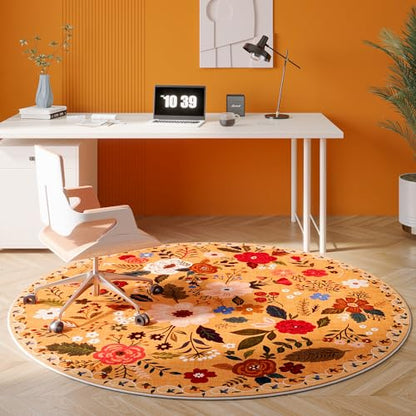 Round Rug 4ft Washable Circle Rug Non Slip Low Pile Boho Floral Small Circular Rug for Bedroom