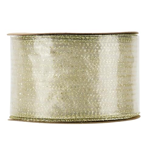Glitter Gold Wired Ribbon 2.5 Inch Horizontal Stripes Glitter Polka Dot Christmas Ribbon Organza Sheer Ribbons 25 Yards Gold Glitter Ribbons for Christmas Tree (75 Foot)