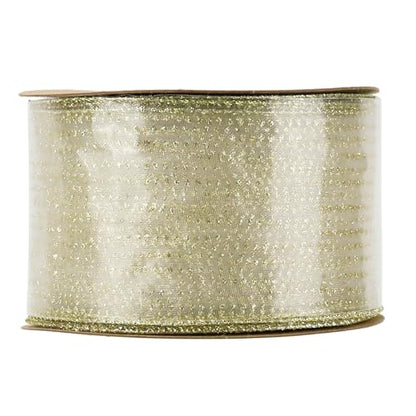 Glitter Gold Wired Ribbon 2.5 Inch Horizontal Stripes Glitter Polka Dot Christmas Ribbon Organza Sheer Ribbons 25 Yards Gold Glitter Ribbons for Christmas Tree (75 Foot)